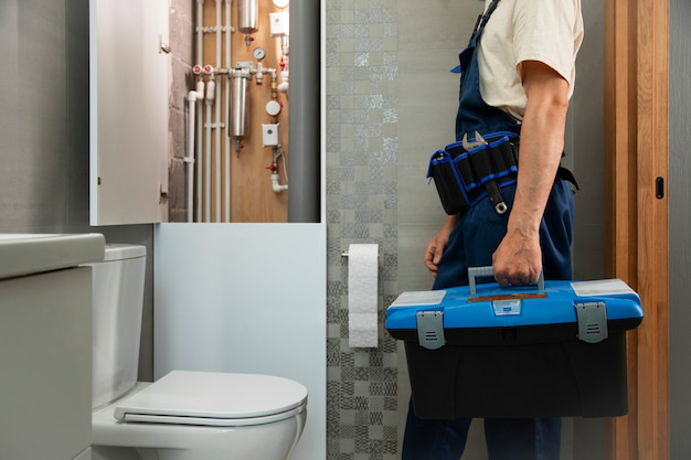 A plumber with a toolbox in a bathroom
