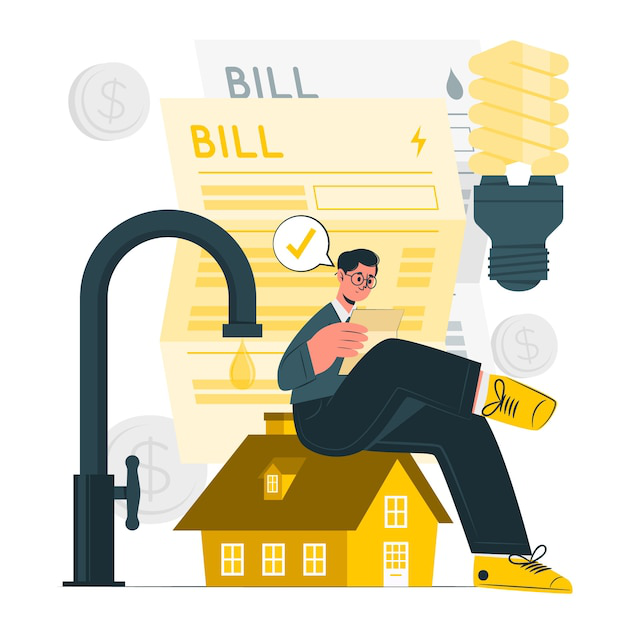 An illustration showing a man sitting on top of a house examining a water bill with a huge faucet beside