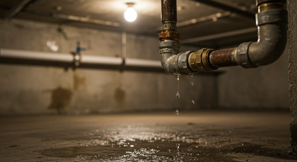 Water leaking from a pipe in the basement