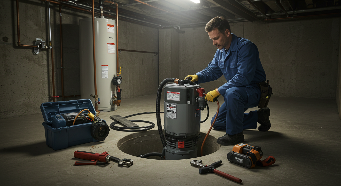 A plumbing contractor in blue uniform repairing a sump pump in a basement with water heater at the back