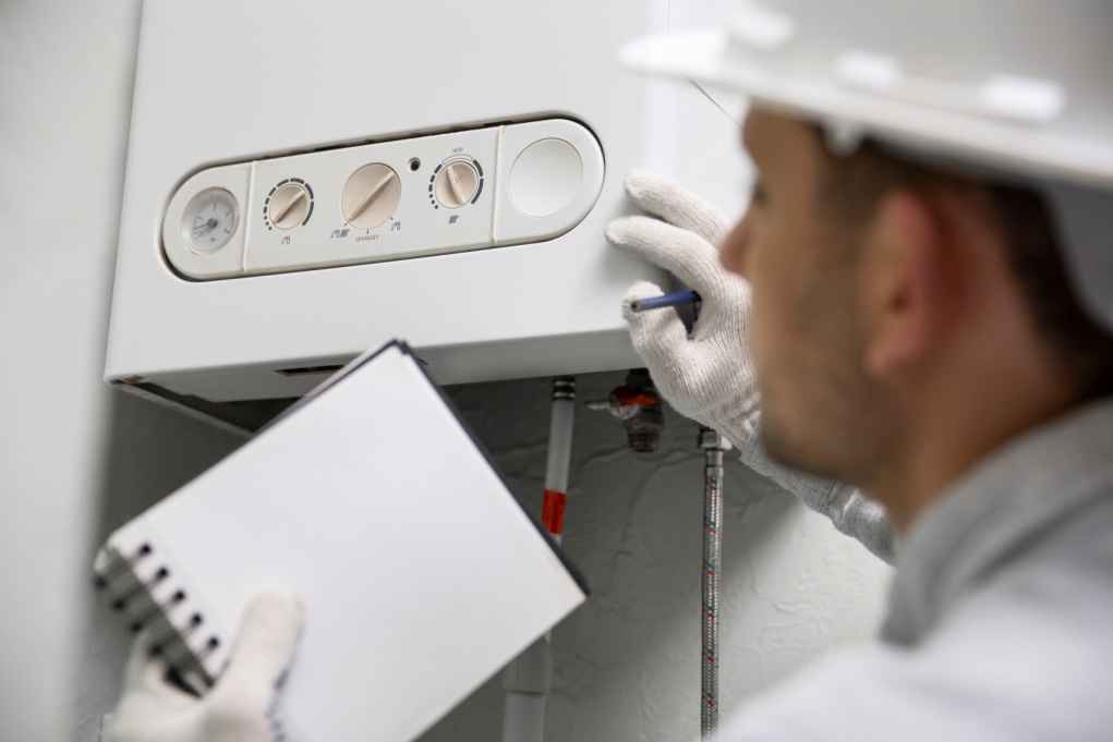 A plumbing contractor with a notepad for water heater maintenance