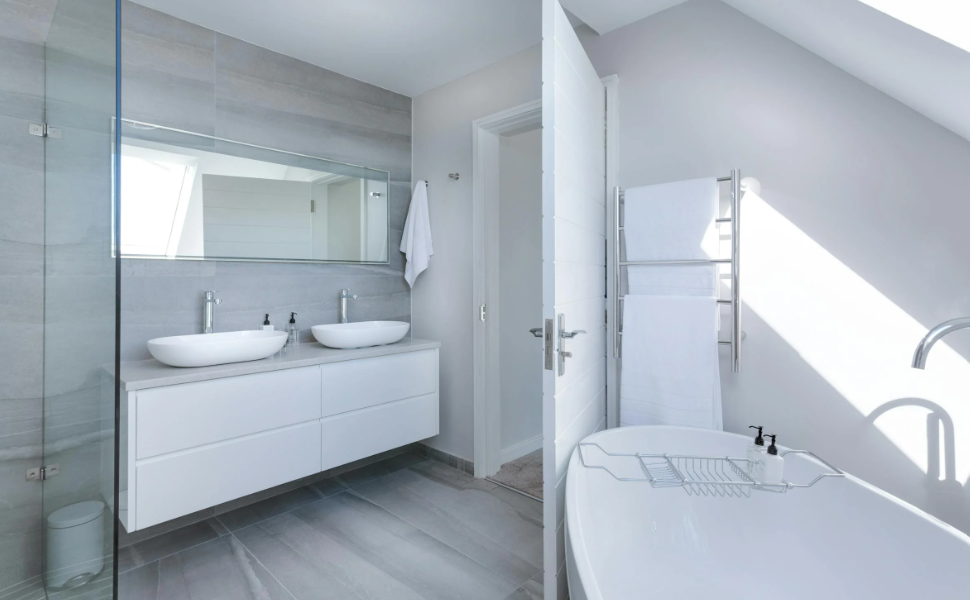 A bathroom with modern fixtures.