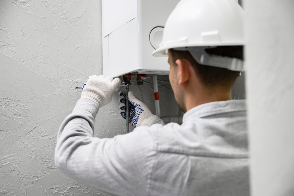 Technician installing a new water heater