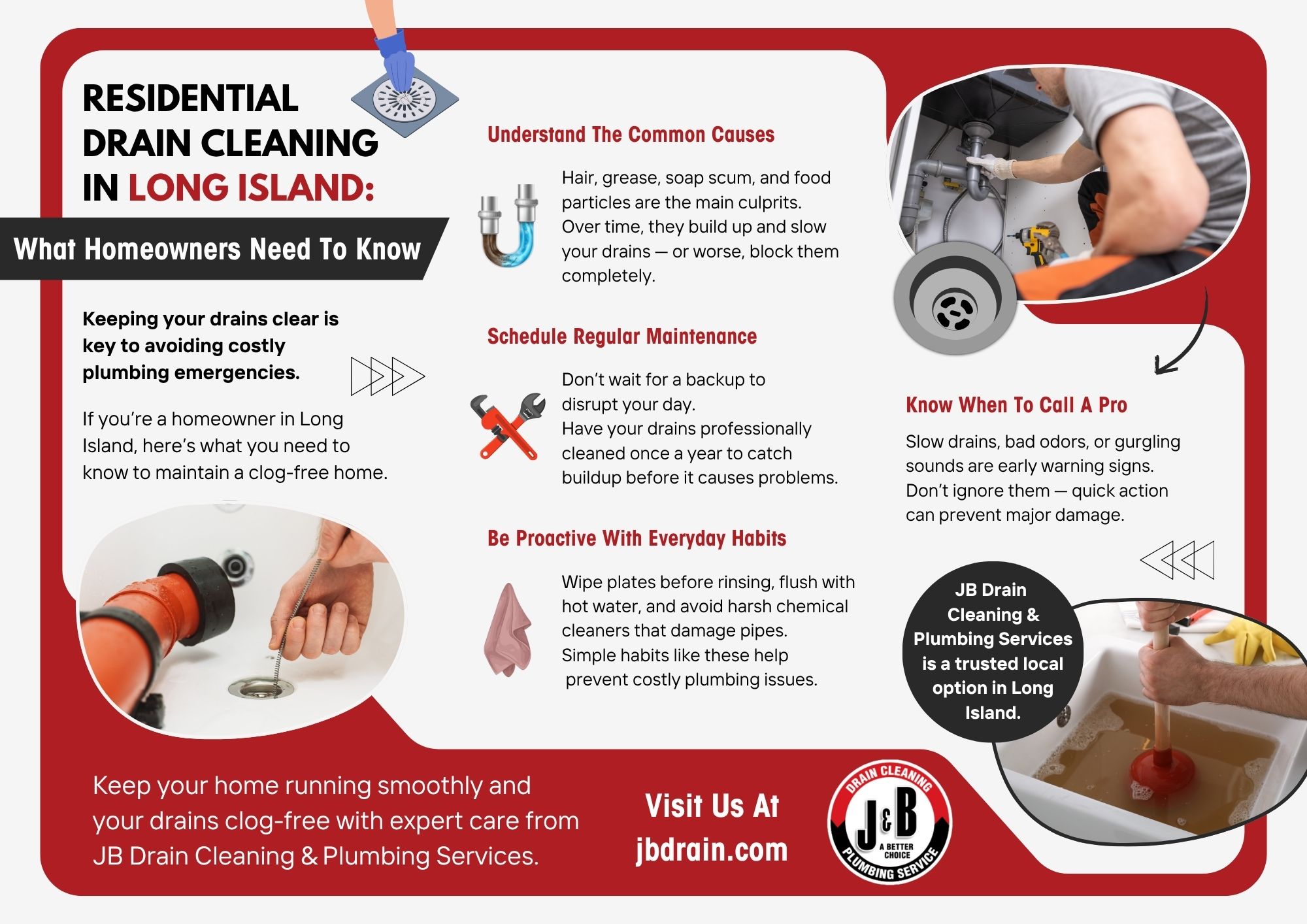 Informational infographic on residential drain cleaning tips for Long Island homeowners, covering causes of clogs, maintenance advice, daily habits, and when to call professionals. 