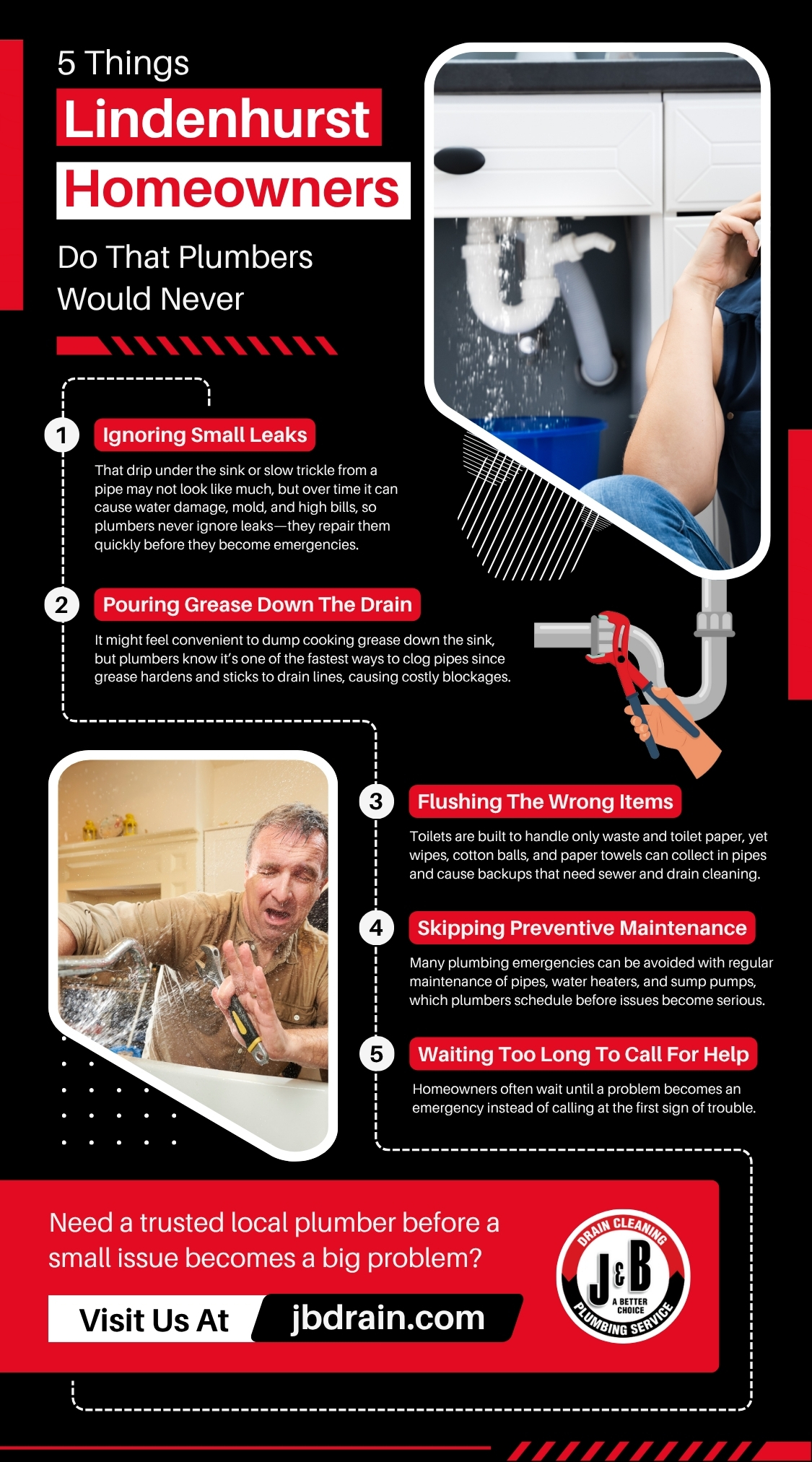 Infographic highlighting common plumbing mistakes Lindenhurst homeowners make—ignoring leaks, pouring grease down drains, flushing wrong items, skipping maintenance, and delaying repairs—plus expert tips from local plumbers. 