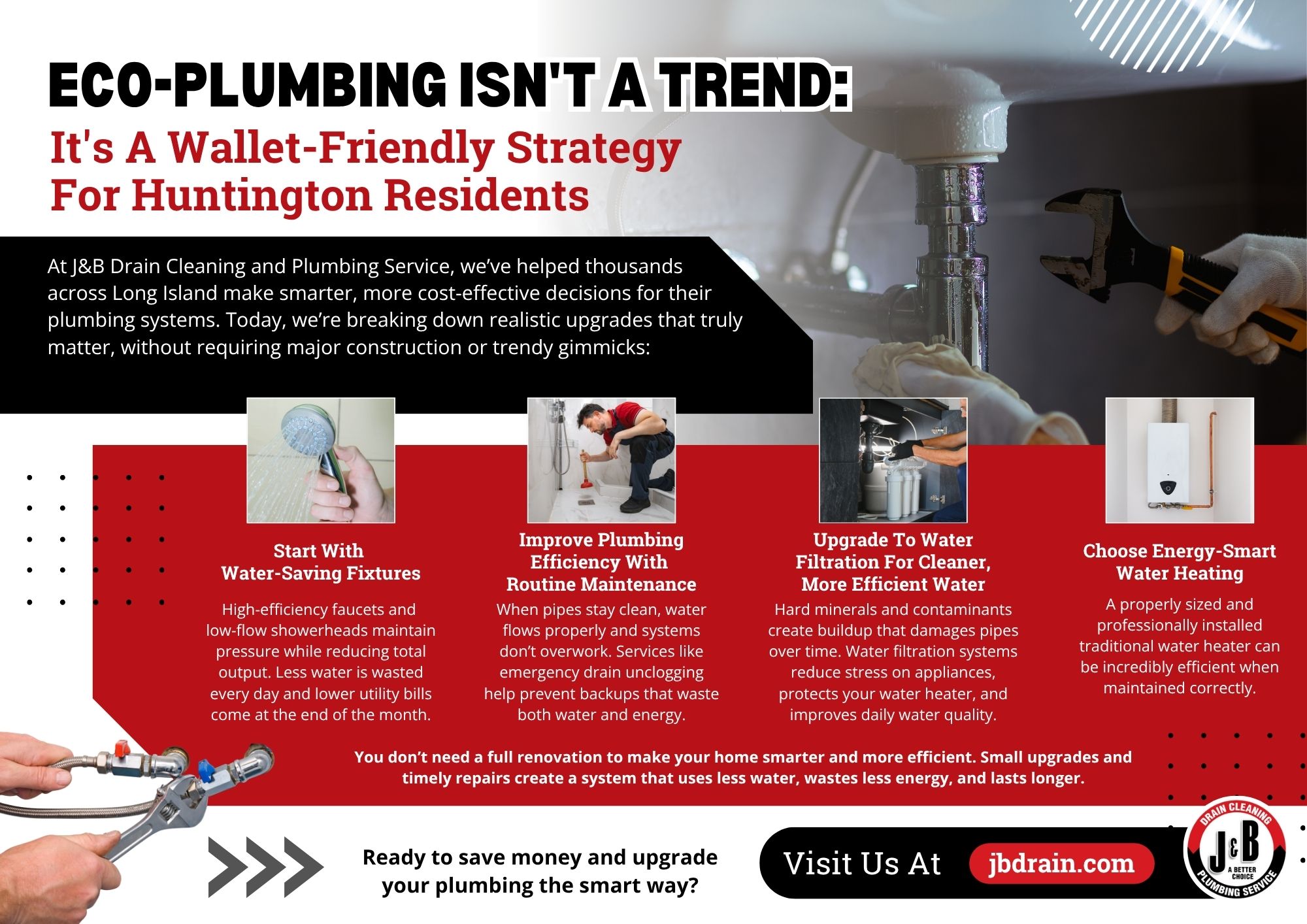 An infographic by J&B Drain Cleaning and Plumbing Service explaining cost-effective eco-friendly plumbing solutions, including installing water-saving fixtures, routine maintenance, water filtration upgrades, and energy-smart heating for Huntington residents looking to save money and conserve resources efficiently. 