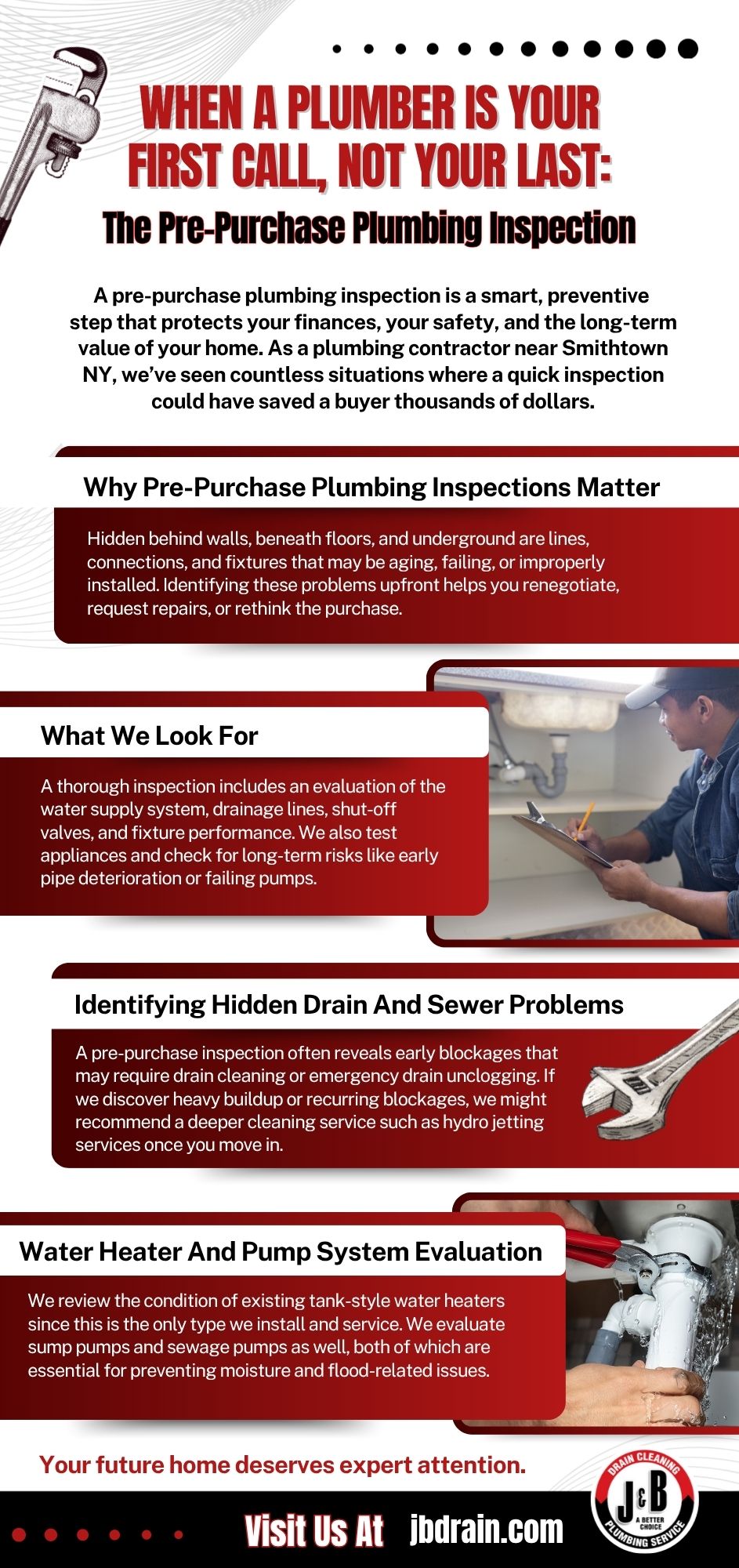 An infographic by J&B Drain Cleaning and Plumbing Service explaining the importance of pre-purchase plumbing inspections, detailing what inspectors check, common drain and sewer issues, and how early evaluations can save homebuyers from costly repairs and long-term plumbing risks.