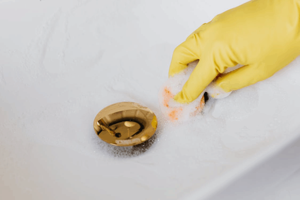 A gloved hand with a sponge next to a drain