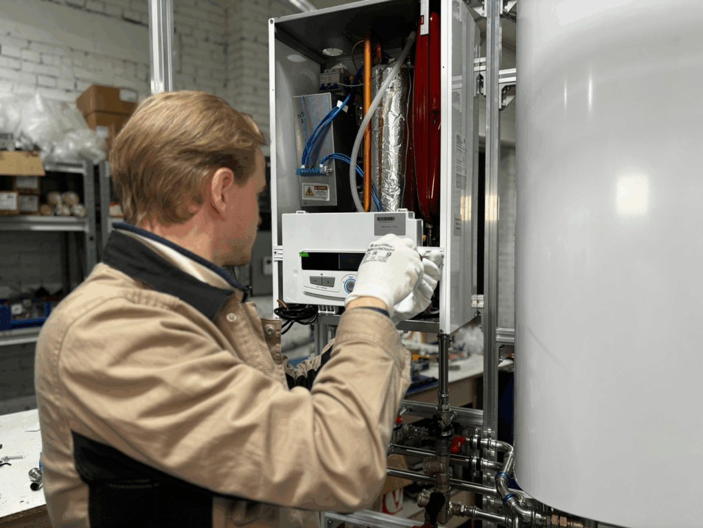 Technician installing a commercial tank-style water heater in a business facility