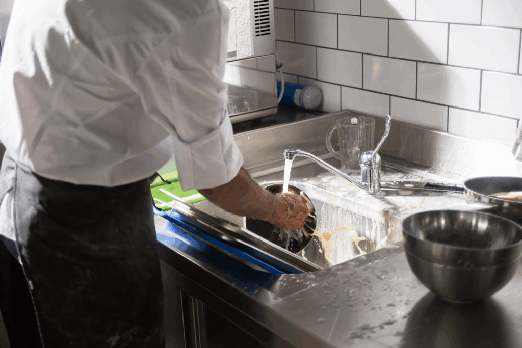 A person doing dishes in a commercial kitchen