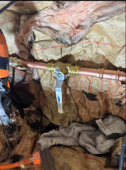 Supply pipe running through insulation, where a burst can soak a cavity before anyone sees water.