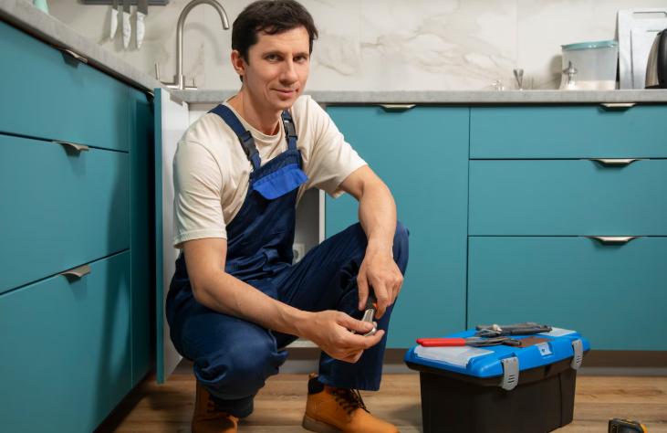 Professional plumber fixing plumbing problems inside a client's home in Bohemia NY