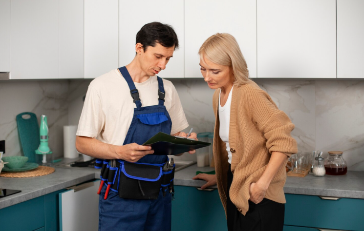 Professional plumber discussing kitchen plumbing repair options with homeowner during service visit