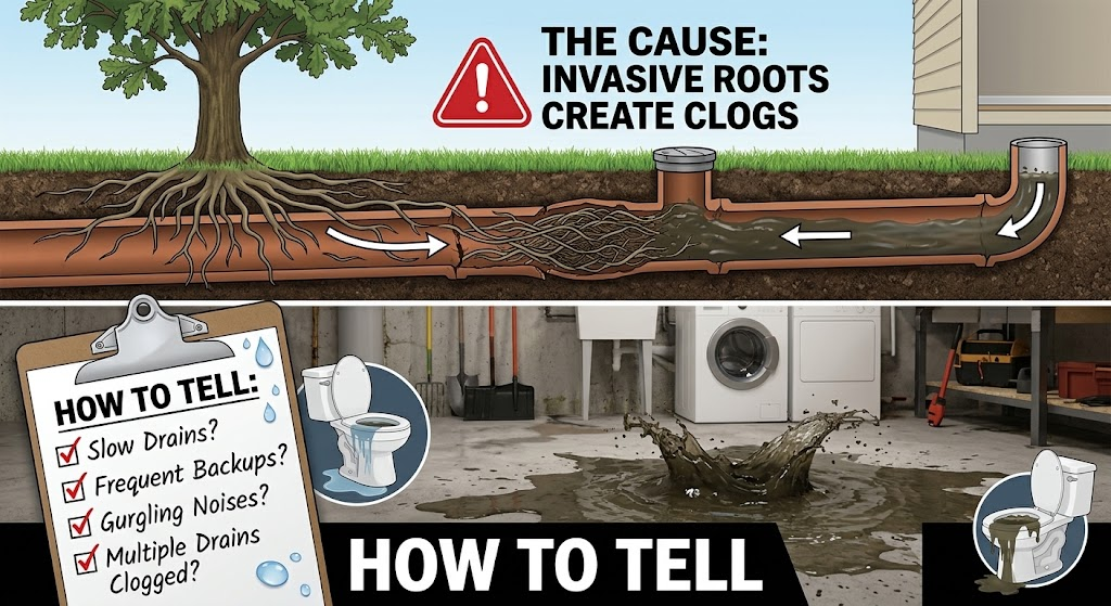 Root growth inside a sewer line can trap debris and contribute to recurring backups and slow drainage.